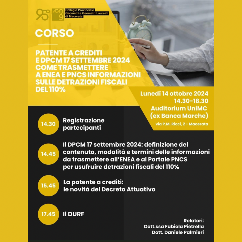 Corso "patente a crediti e DPCM 14 sett 2024: come trasmettere a ENEA e PNCS informazioni sulle detrazioni fiscali"
